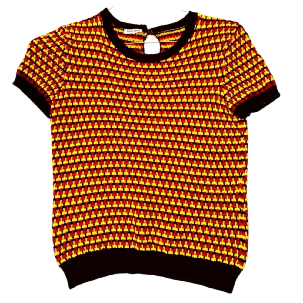 VTG 1970s Miu Miu Short Sleeve Knit Graphic Print Sweater, Size IT 42